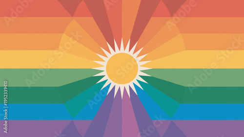 A vibrant rainbow flag with a stylized sunburst design symbolizing hope and inclusivity