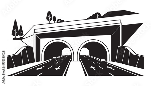 Highway tunnel vector illustration, dual carriageway road, cars driving, urban infrastructure, landscape