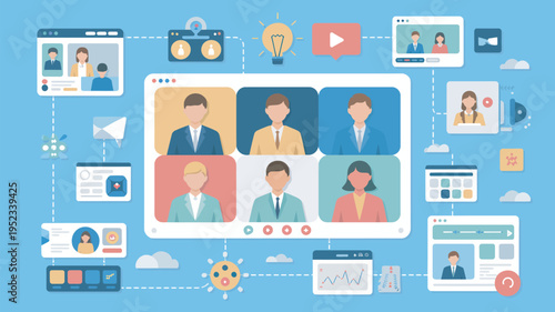 A group of business professionals engaged in a virtual meeting on a computer screen with various online tools and icons surrounding them.