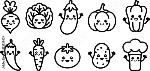 Cute cartoon vegetables kawaii characters radish cabbage eggplant pumpkin bell pepper chili carrot tomato potato chef