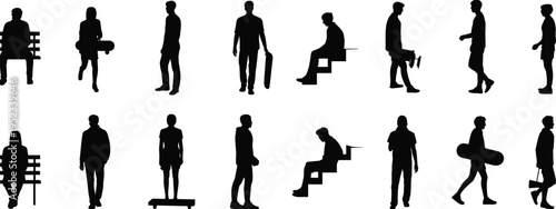 Collection of human silhouettes, people walking sitting standing carrying skateboard, urban lifestyle figures isolated on white background for design use