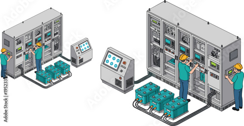 Electrical control panel maintenance engineers industrial power system cabinets battery backup technician working isometric vector illustration cad drawing flat