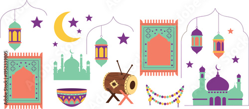 Islamic decorative elements set Ramadan lantern mosque carpet drum crescent stars vector illustration Eid design cad drawing flat