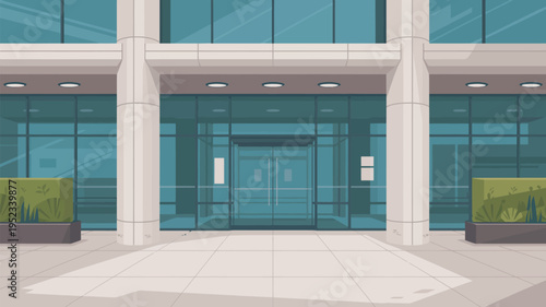 A modern office building with a sleek glass entrance and concrete pillars