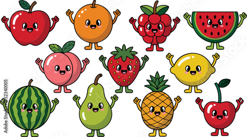 Cute fruit characters with happy faces standing in set of eleven different varieties for nutrition education