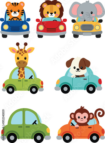 Playful cartoon animals driving colorful cars in cheerful grid layout, fun educational illustration for kids learning, counting, pattern recognition, preschool activities, and entertainment.