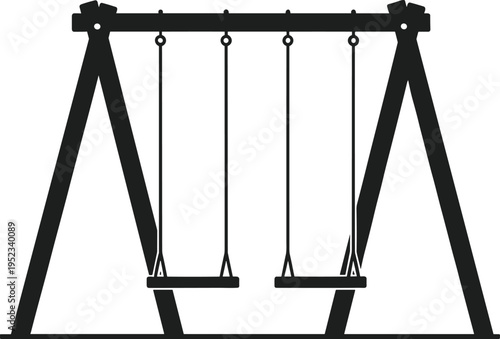 Playground swing silhouette illustration, empty park swing set design, childhood recreation concept, black minimalist outdoor equipment isolated on white background