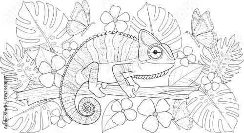 Chameleon coloring page for kids and adults. beautiful tropical chameleon on tree branch surrounded by exotic jungle leaves and flowers