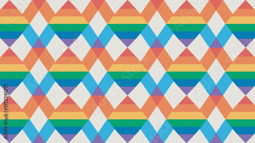 A vibrant geometric pattern featuring colorful rainbow stripes on a white background