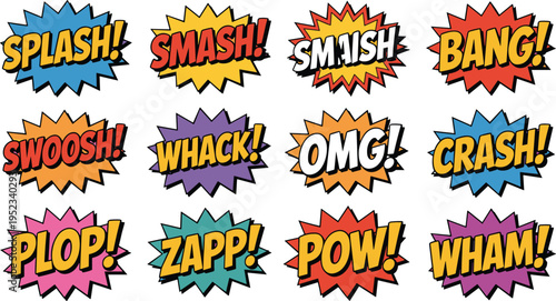 Colorful comic sound effects set pop art explosion bubbles splash smash bang swoosh whack omg crash plop zap pow wham