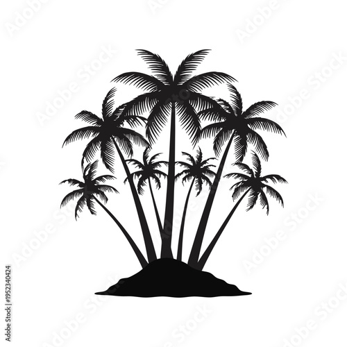 A black silhouette of palm trees on a small island