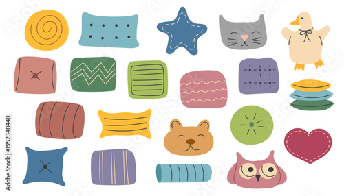 Collection of different decorative pillows isolated on white background. Vector flat textile cliparts. Concepts of home, interiors, decoration.