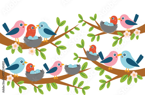 Birds on branch with nests and eggs illustration showing spring nature scene with colorful avian characters