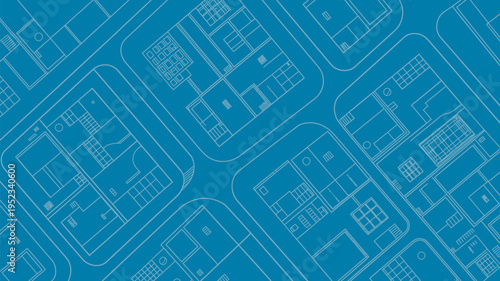 A detailed blueprint of a neighborhood with various buildings and roads