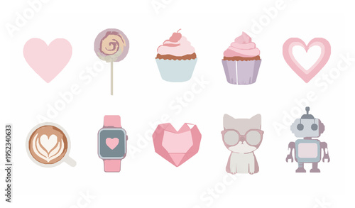 Cute watercolor romantic icon set with hearts cupcake latte smartwatch cat and robot modern love collection