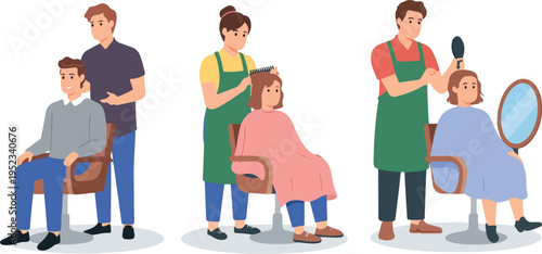 Hairdresser profession flat vector illustrations set. stylish barbers doing haircuts to clients in beauty salon