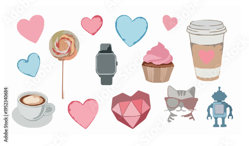 Playful watercolor romantic clipart with hearts cupcake coffee smartwatch cat and robot cute love set