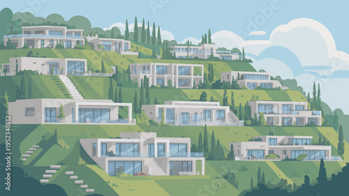 A serene hillside neighborhood with modern homes and lush greenery under a blue sky
