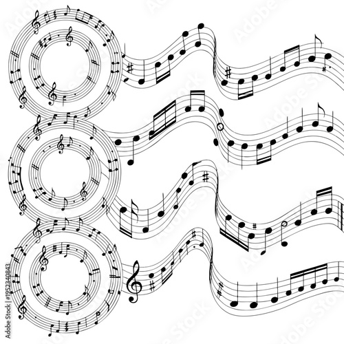 Decorative Musical Notation Vector Set Abstract Flowing Staves, Circular Music Scales, and Wavy Pentagrams with Black Notes and Treble Clefs for Creative Design.