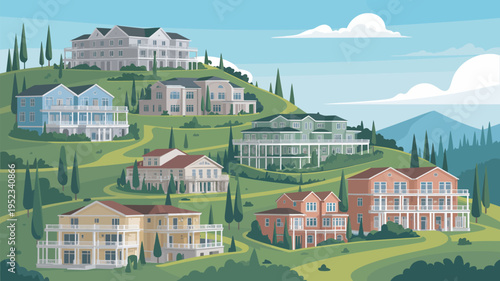 A serene hillside neighborhood with large houses and manicured lawns under a blue sky with clouds