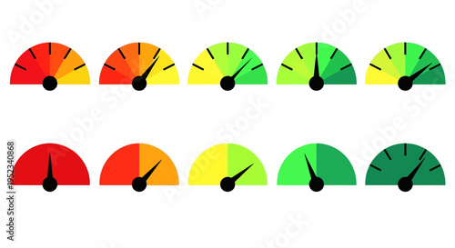 Vector gauges depicting a spectrum of performance, risk, or satisfaction levels. Color-coded pointers from red to green offer clear visual metrics for data displays