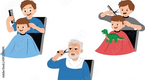 Illustration set showing boys getting hair cuts and elderly man trimming his beard at home or barber salon