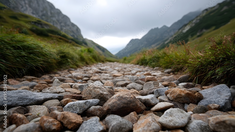 Fototapeta premium A low angle view of a rocky mountain path winding through a dramatic valley under a cloudy sky
