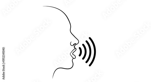 Graphic illustration of a human profile speaking with sound waves emanating from mouth, symbolizing communication and voice