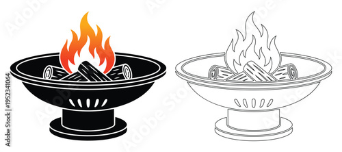 Backyard fire pit vector illustration showing burning logs and orange flames in black metal brazier
