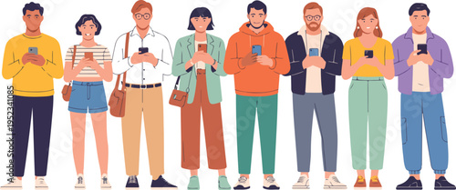 Group of diverse young people holding smartphones and looking at screens standing together in colorful clothes