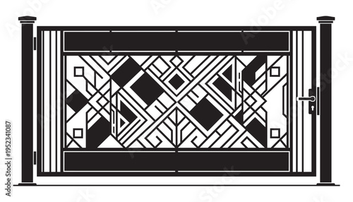 Ornate driveway gate vector illustration with geometric patterns and security pillars for residence