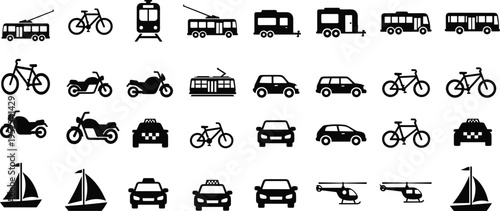 Transport vehicle icons set cars bikes buses taxi helicopter boat trailer public transport silhouettes vector illustration cad drawing collection