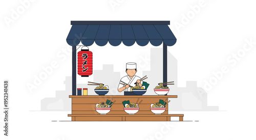 Japanese Ramen Chef Preparing Food at Stall.