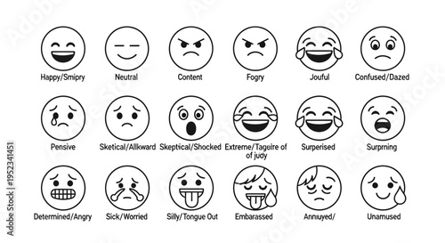 Extensive Vector Collection of Outline Emoticons Representing a Broad Spectrum of Human Emotions and Facial Expressions, Ideal for Digital Messaging, User Interfaces, and Visual Communication Design