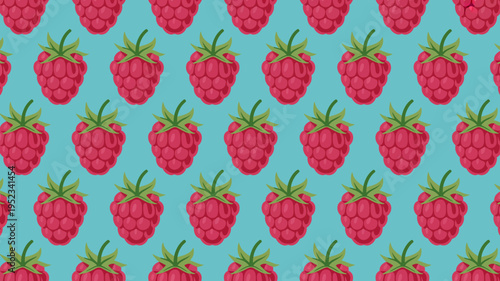 Repeating pattern of vibrant pink raspberries with green leaves a teal blue background