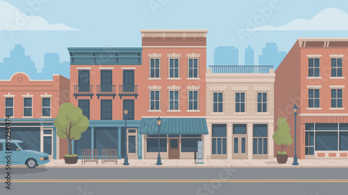 A vibrant illustration of a small town's main street with colorful buildings and a classic car parked on the side of the road.