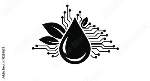 Large oil drop shape merges with green leaves and digital circuitry elements.