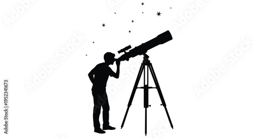 Astronomer observing stars with telescope against a starry night silhouette