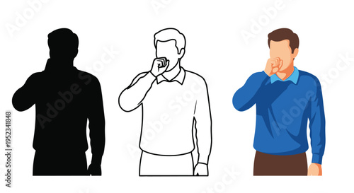 Three depictions of a man covering his mouth including a silhouette