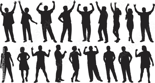Diverse group of people silhouettes celebrating dancing raising hands in excitement party crowd energy isolated on white background studio concept