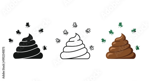 Three depictions of excrement with flies and clover a bold silhouette