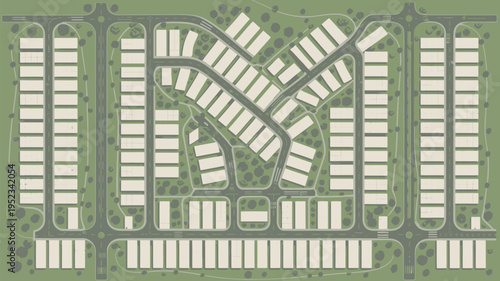 An aerial view of a planned residential neighborhood with winding roads and green spaces