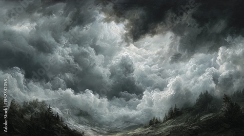 Wallpaper Mural Dramatic painting of a stormy sky cascading over a rugged landscape with shadowy hills and distant trees Torontodigital.ca