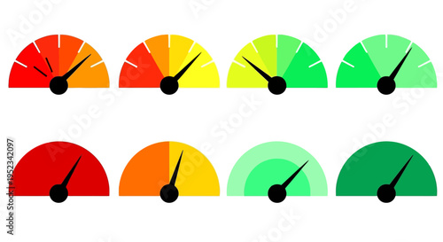 Diverse vector set of eight colorful gauge icons for measuring performance, risk levels, and progress indicators across various dashboards and interfaces