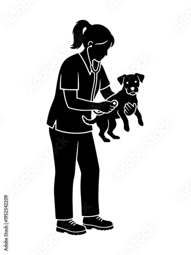 Minimalist black silhouette of a female veterinarian or groomer holding a small dog for a checkup, ideal for veterinary clinic logos and pet care icons.