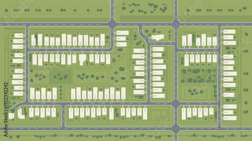 An aerial view of a planned residential community with neatly arranged houses and green spaces