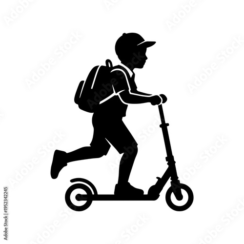 A black silhouette of a young boy wearing a backpack and cap while riding a kick scooter, perfect for school commute or active childhood themes.