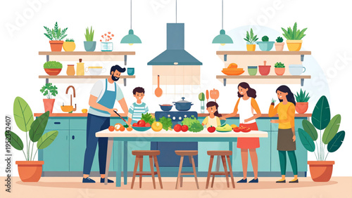 Vector illustration of happy family cooking together in modern kitchen with children, fresh vegetables, teamwork, and healthy lifestyle