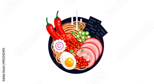 Delicious Ramen Bowl With Noodles Egg Chili Peppers And Meat.