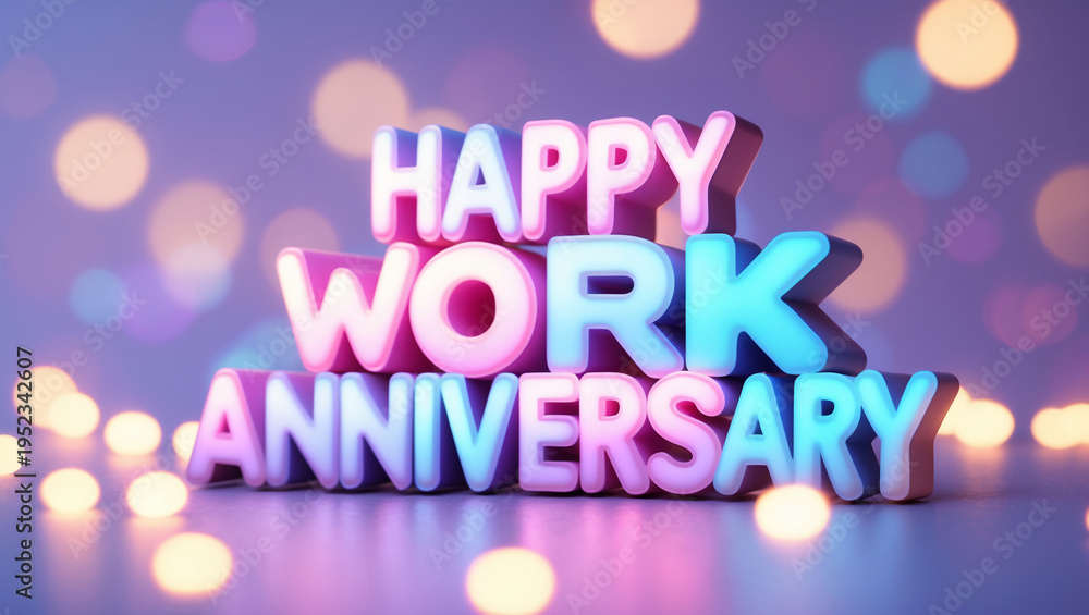Obraz premium work anniversary card with blurred bokeh lights in soft pastel colors (pink, lavender, blue) and message 